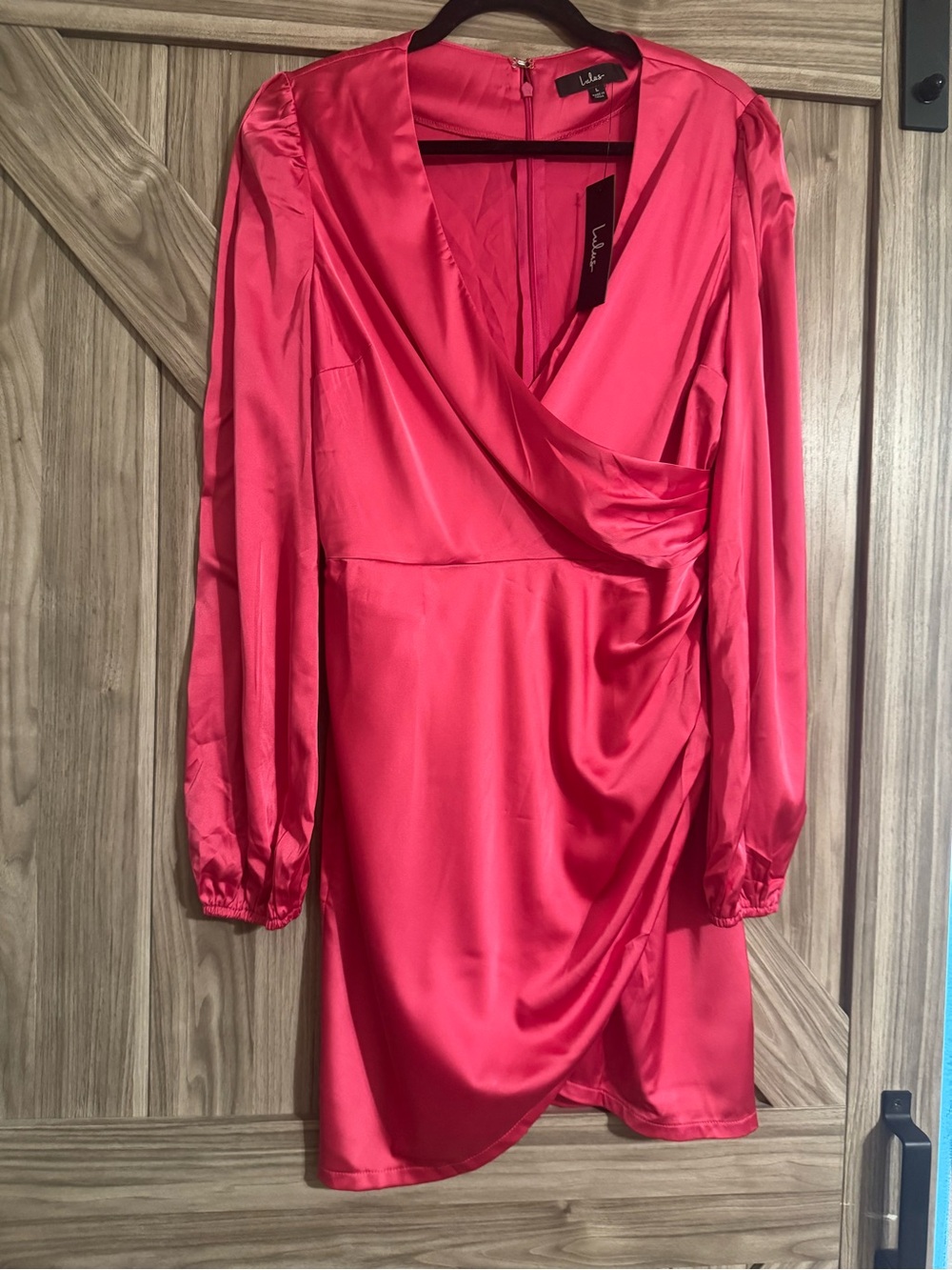Lulu's Hot Pink Satin Wrap-Detail Long Sleeve Dress Brand New!